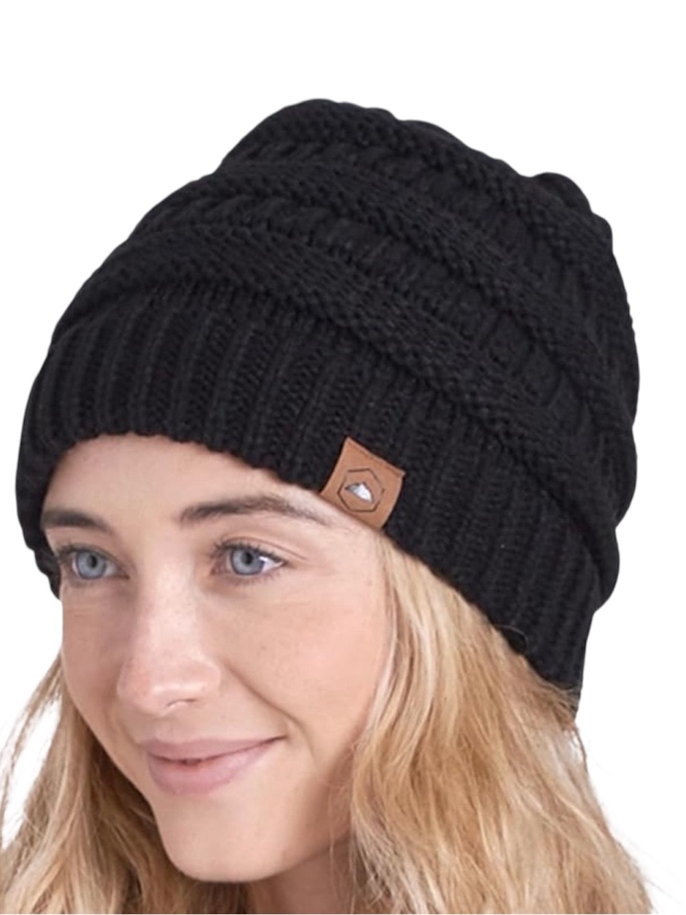 Black Cable Knit Beanie with Leather Logo Patch - Women NWT